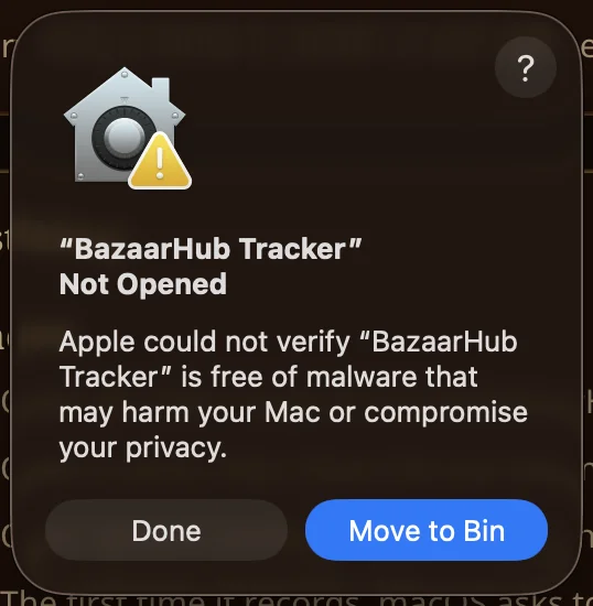 The macOS dialog saying BazaarHub Tracker was not opened, with Done and Move to Bin.