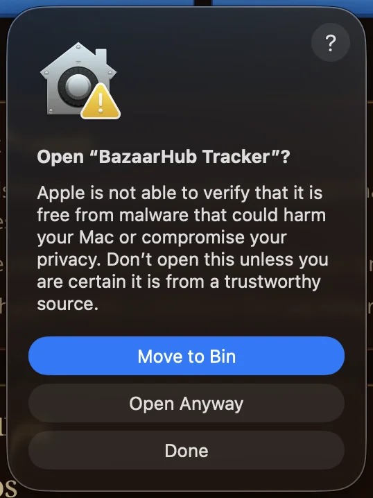 The second macOS dialog asking to open BazaarHub Tracker, with Open Anyway.
