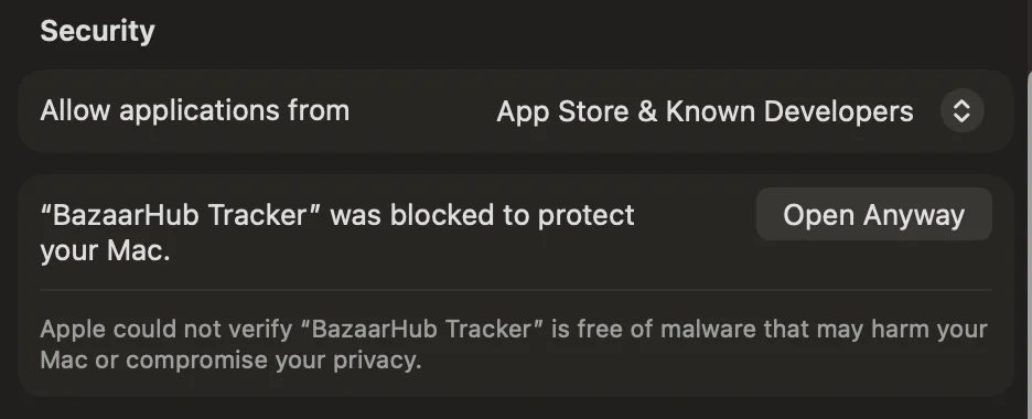 The Security section of Privacy and Security with the Open Anyway button beside BazaarHub Tracker.