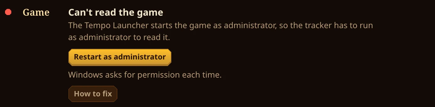 The Game row with Restart as administrator.