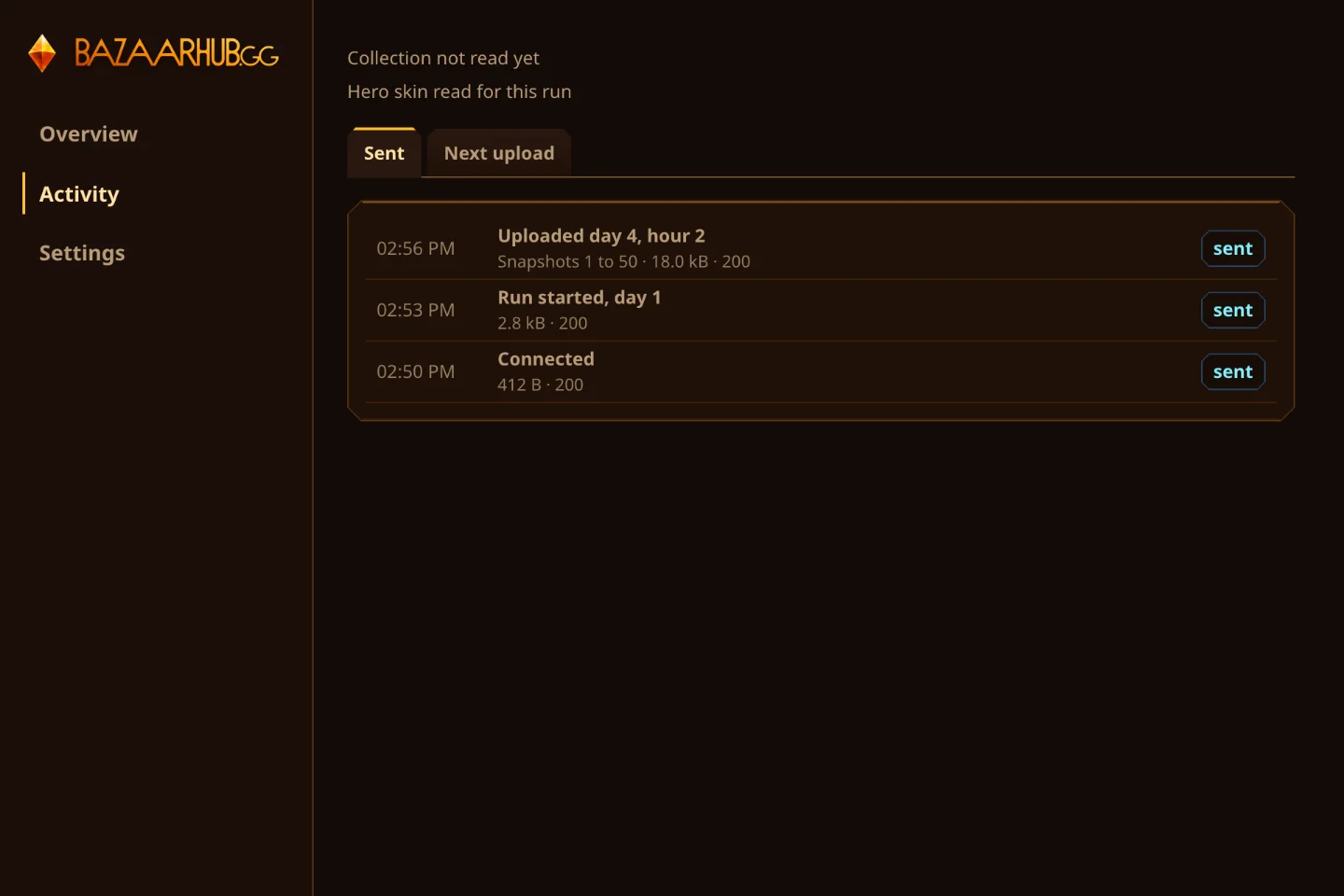 The tracker's Activity screen, listing each upload.